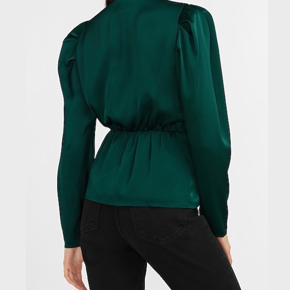 Express Green Satin Pleated Sleeve Wrap Front Bow Top - Picture 3 of 9